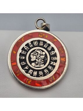 Mexican Silver Aztec Calendar Pendant Two-Face Design Blue & Orange Abalone